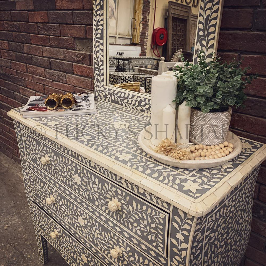 Grey and white bone inlay drawchest and mirror FLORAL | Lucky Furniture & Handicrafts.