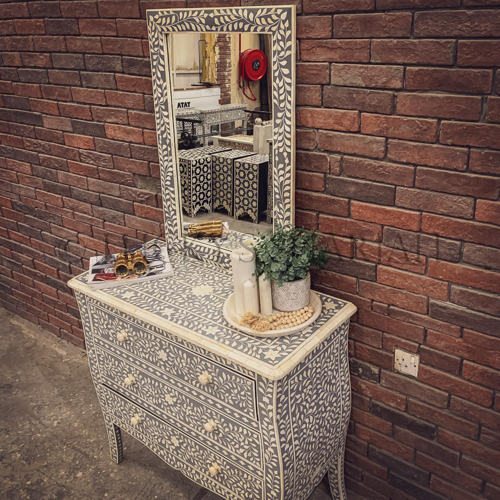 Grey and white bone inlay drawchest and mirror FLORAL | Lucky Furniture & Handicrafts.