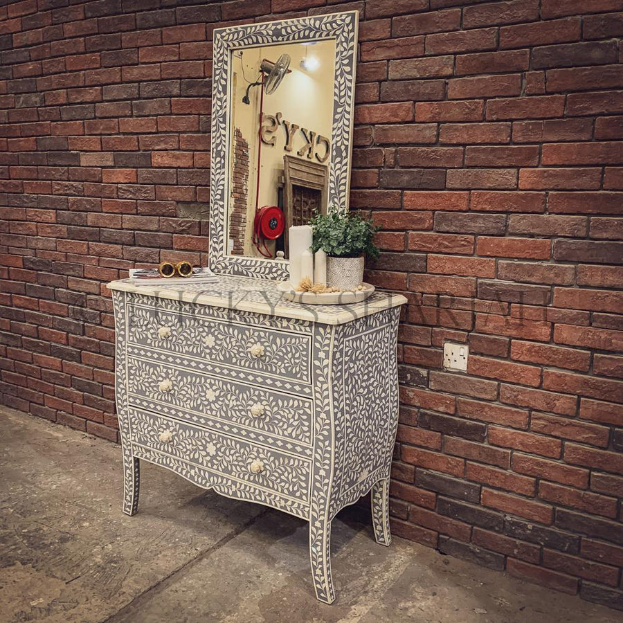 Grey and white bone inlay drawchest and mirror FLORAL | Lucky Furniture & Handicrafts.