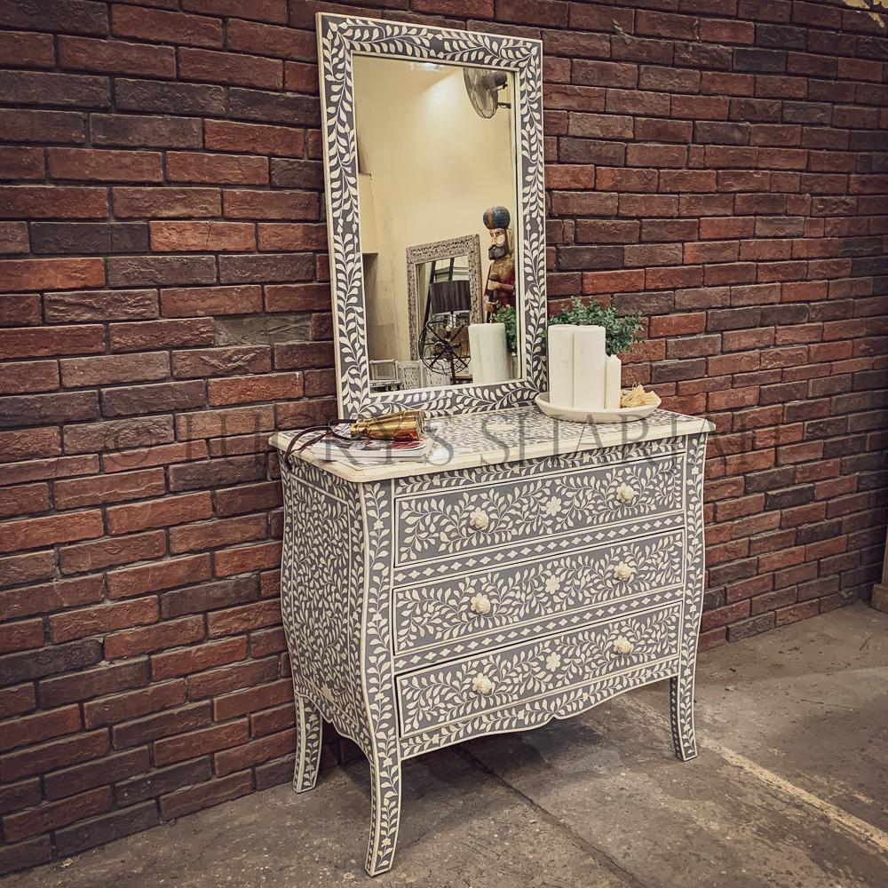 Grey and white bone inlay drawchest and mirror FLORAL | Lucky Furniture & Handicrafts.