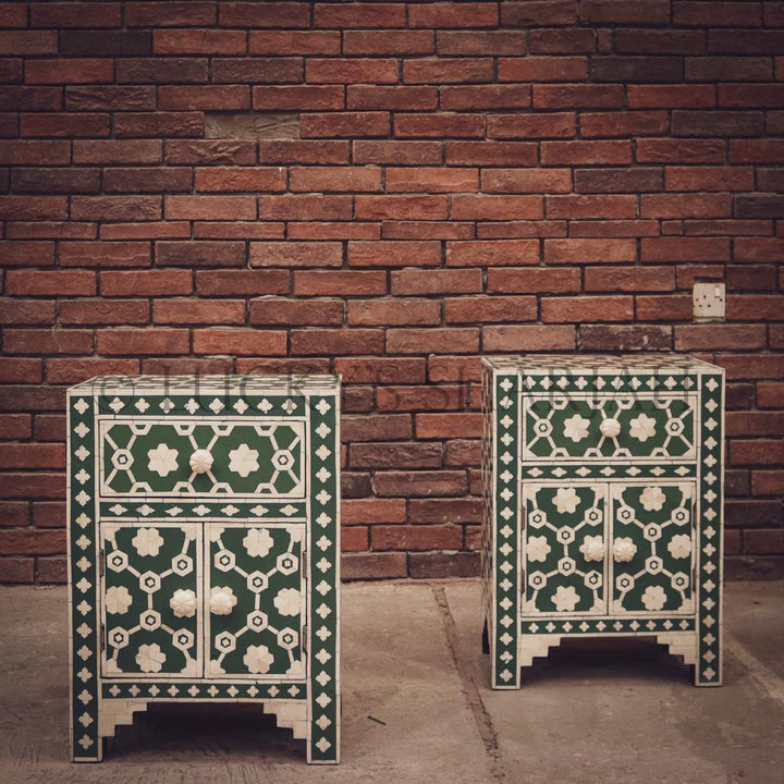 Celestial Green and white bone inlay sidetable | Lucky Furniture & Handicrafts.
