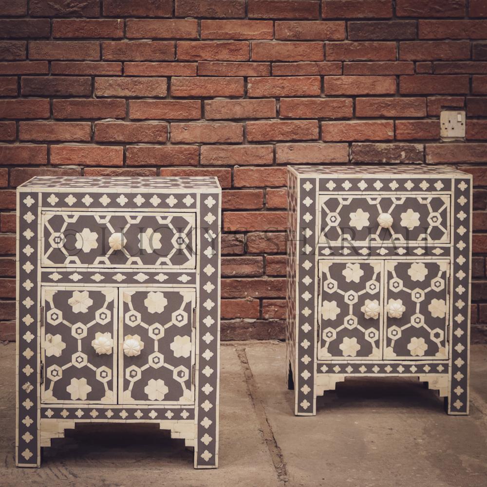 Celestial Grey and white bone inlay sidetable | Lucky Furniture & Handicrafts.