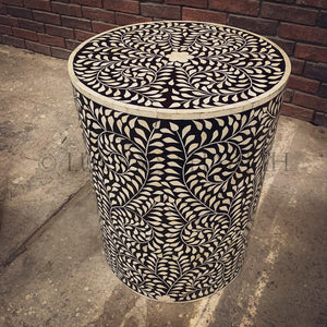 Black and white floral round bone inlay sidetable | Lucky Furniture & Handicrafts.