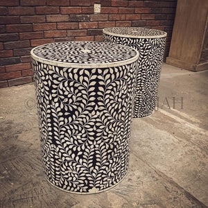 Black and white floral round bone inlay sidetable | Lucky Furniture & Handicrafts.