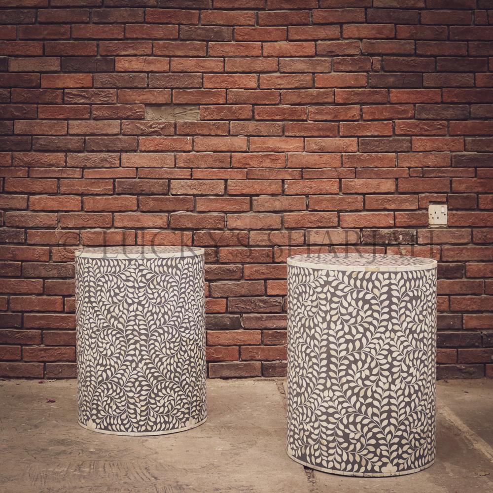 Grey and white floral round bone inlay sidetable | Lucky Furniture & Handicrafts.
