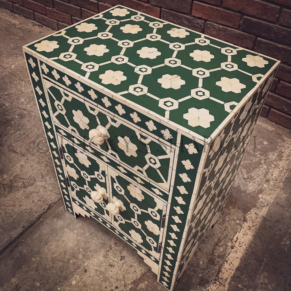 Celestial Green and white bone inlay sidetable | Lucky Furniture & Handicrafts.