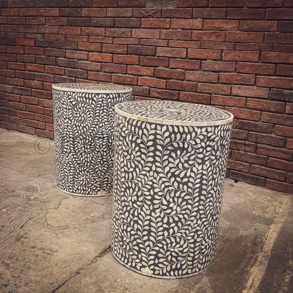 Grey and white floral round bone inlay sidetable | Lucky Furniture & Handicrafts.