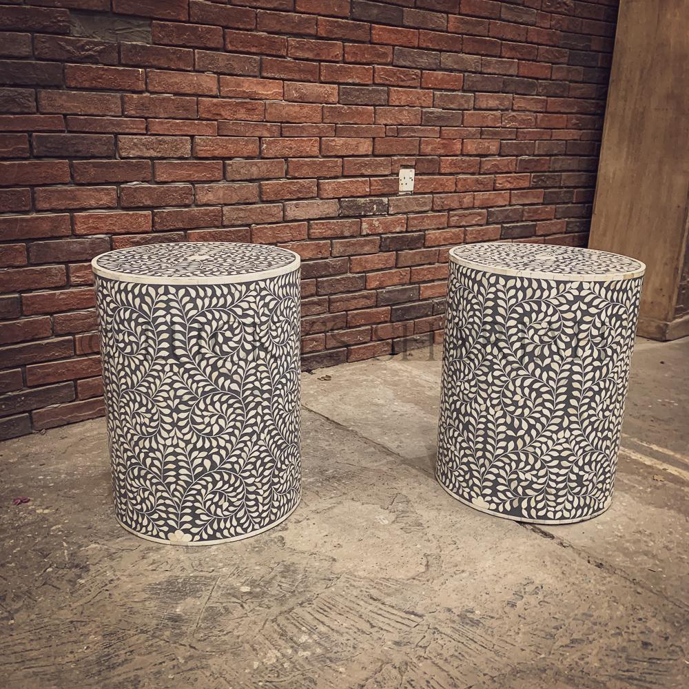 Grey and white floral round bone inlay sidetable | Lucky Furniture & Handicrafts.