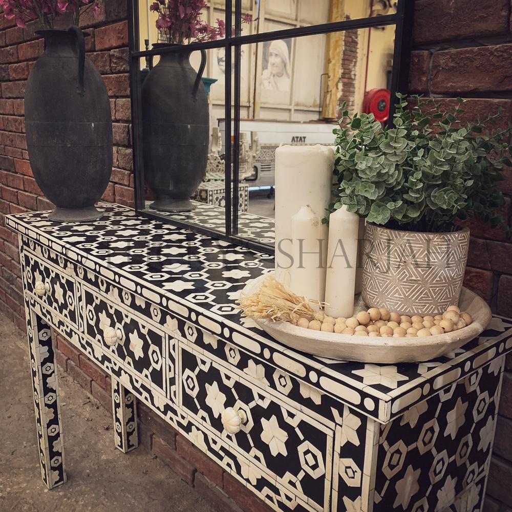 Celestial Black and white bone inlay console | Lucky Furniture & Handicrafts.