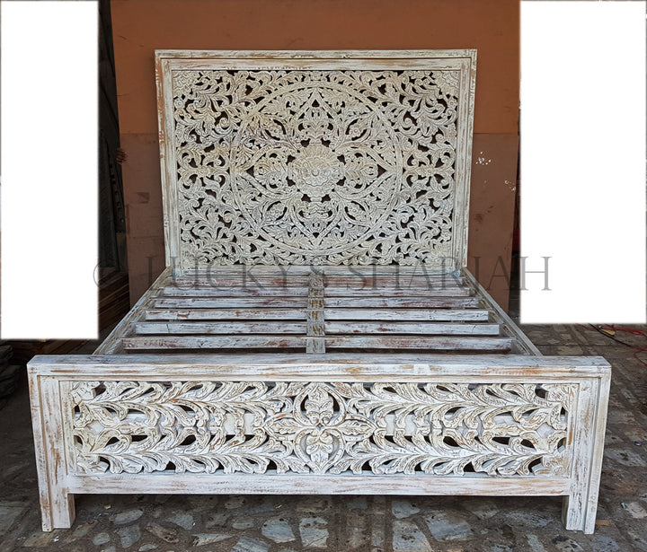 Heavy Carved bed WHITE | Lucky Furniture & Handicrafts.