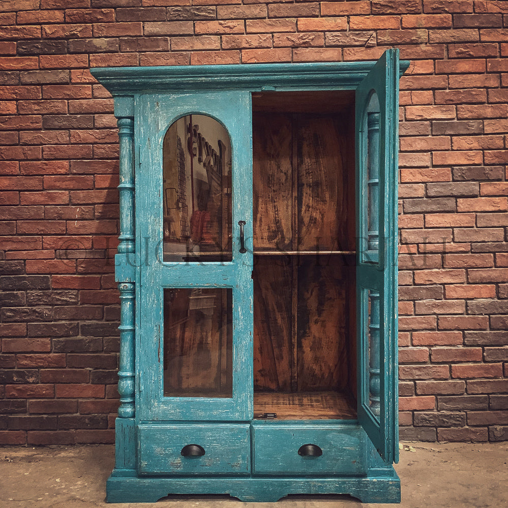Vibrant Blue Glass door cabinet | Lucky Furniture & Handicrafts.