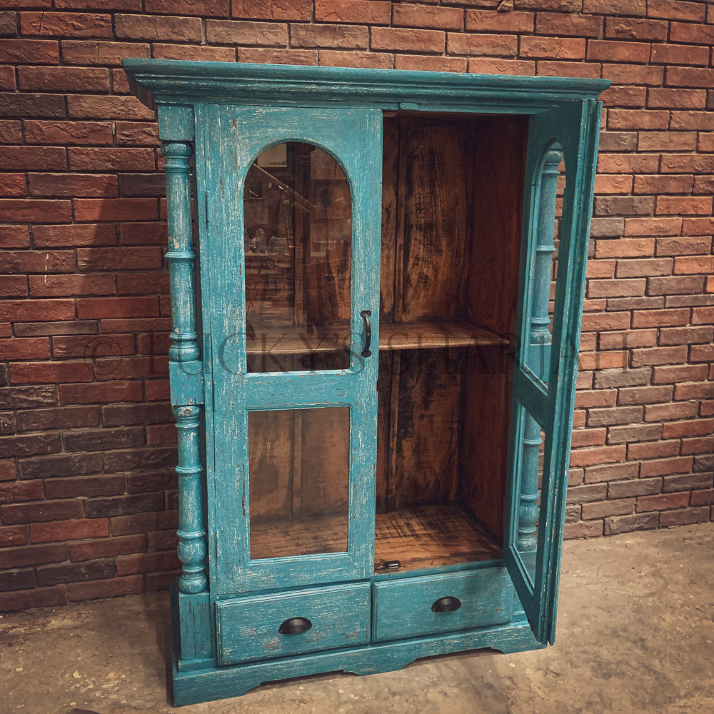 Vibrant Blue Glass door cabinet | Lucky Furniture & Handicrafts.
