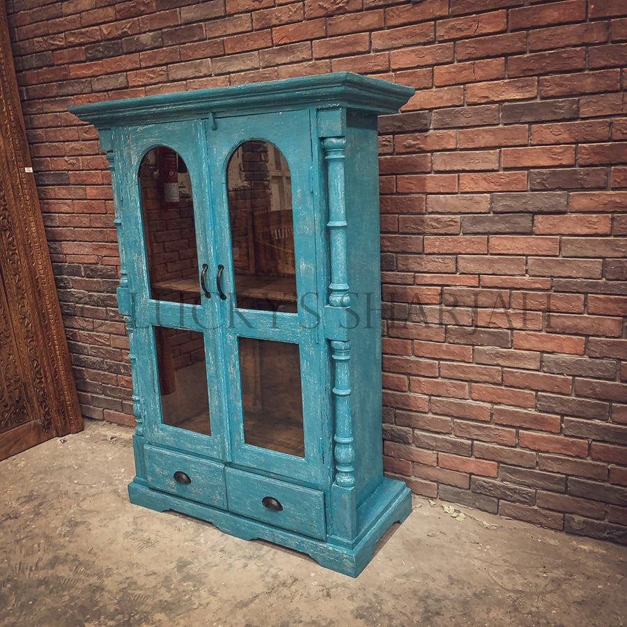 Vibrant Blue Glass door cabinet | Lucky Furniture & Handicrafts.