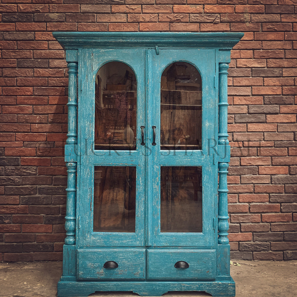 Vibrant Blue Glass door cabinet | Lucky Furniture & Handicrafts.