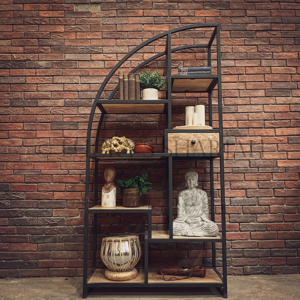 Industrial half arch bookshelf with 1 draw | Lucky Furniture & Handicrafts.