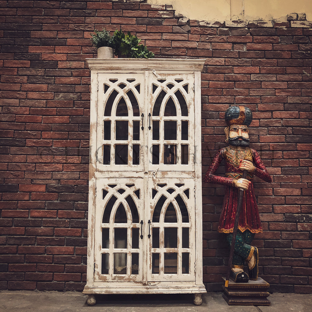 Glass 4 door Cabinet Distress White | Lucky Furniture & Handicrafts.