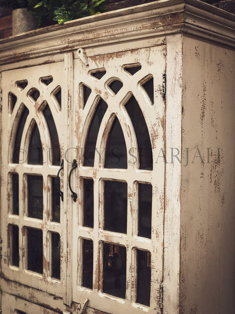 Glass 4 door Cabinet Distress White | Lucky Furniture & Handicrafts.