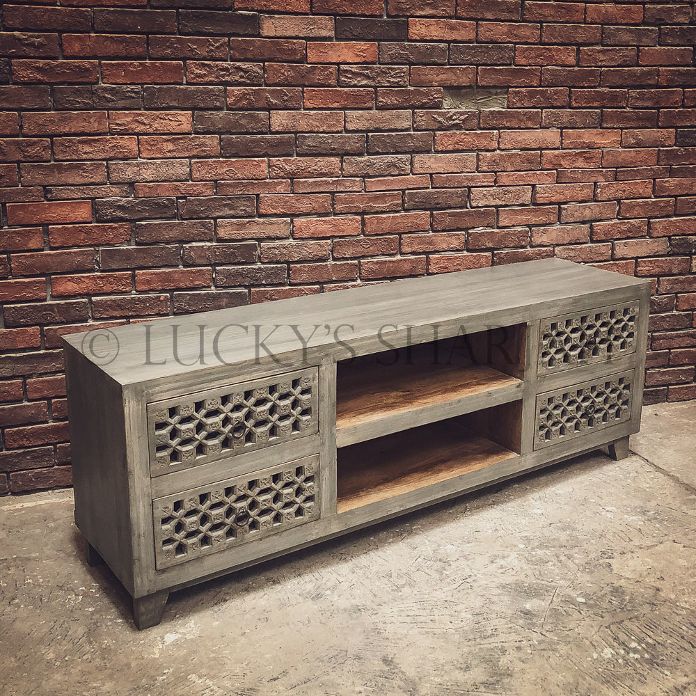 Grey Carved 4 draw TV stand | Lucky Furniture & Handicrafts.