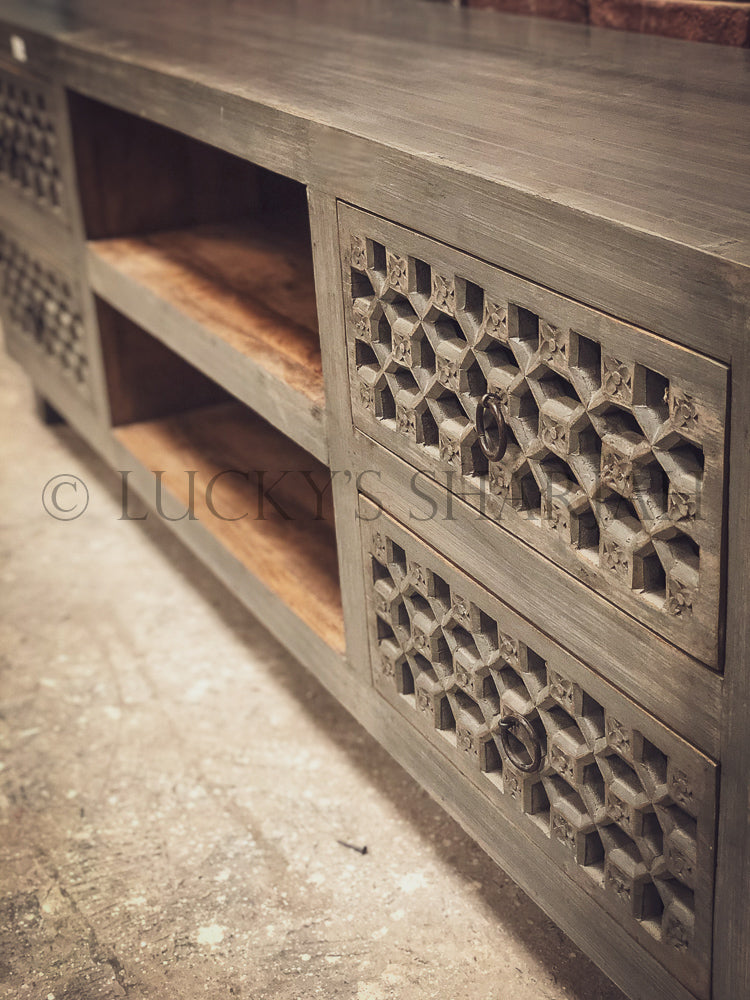 Grey Carved 4 draw TV stand | Lucky Furniture & Handicrafts.