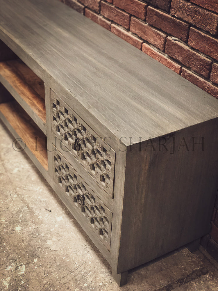 Grey Carved 4 draw TV stand | Lucky Furniture & Handicrafts.