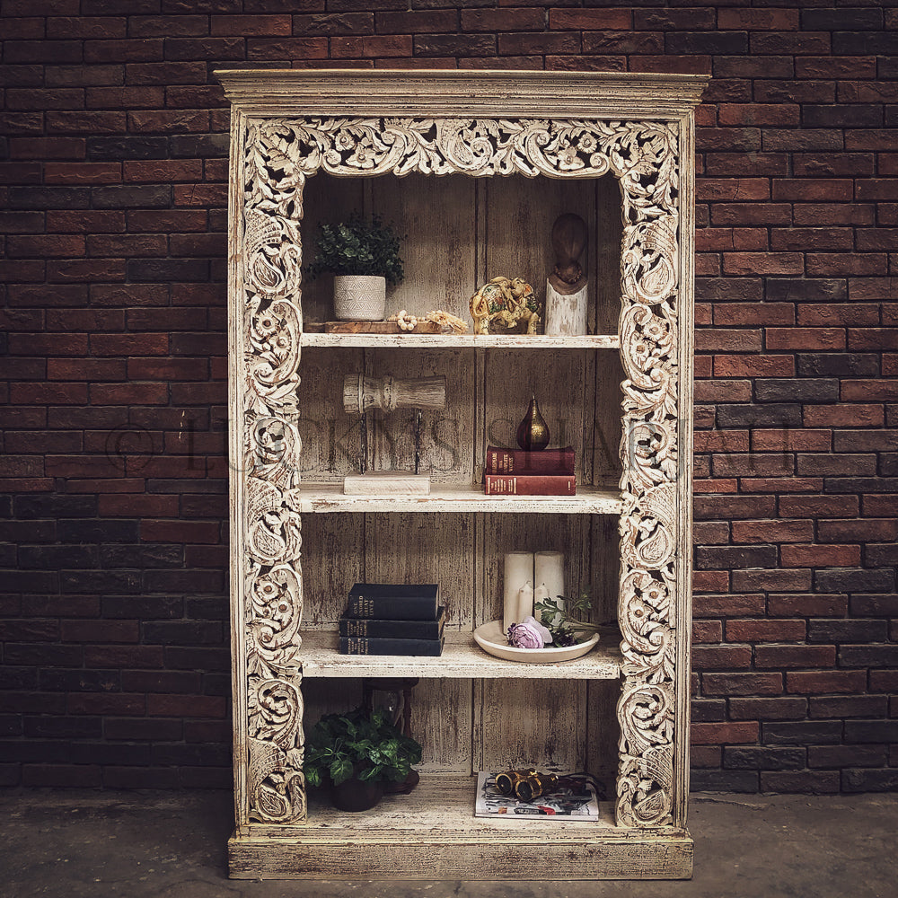 Heavy Carved Border Bookshelf WHITE | Lucky Furniture & Handicrafts.