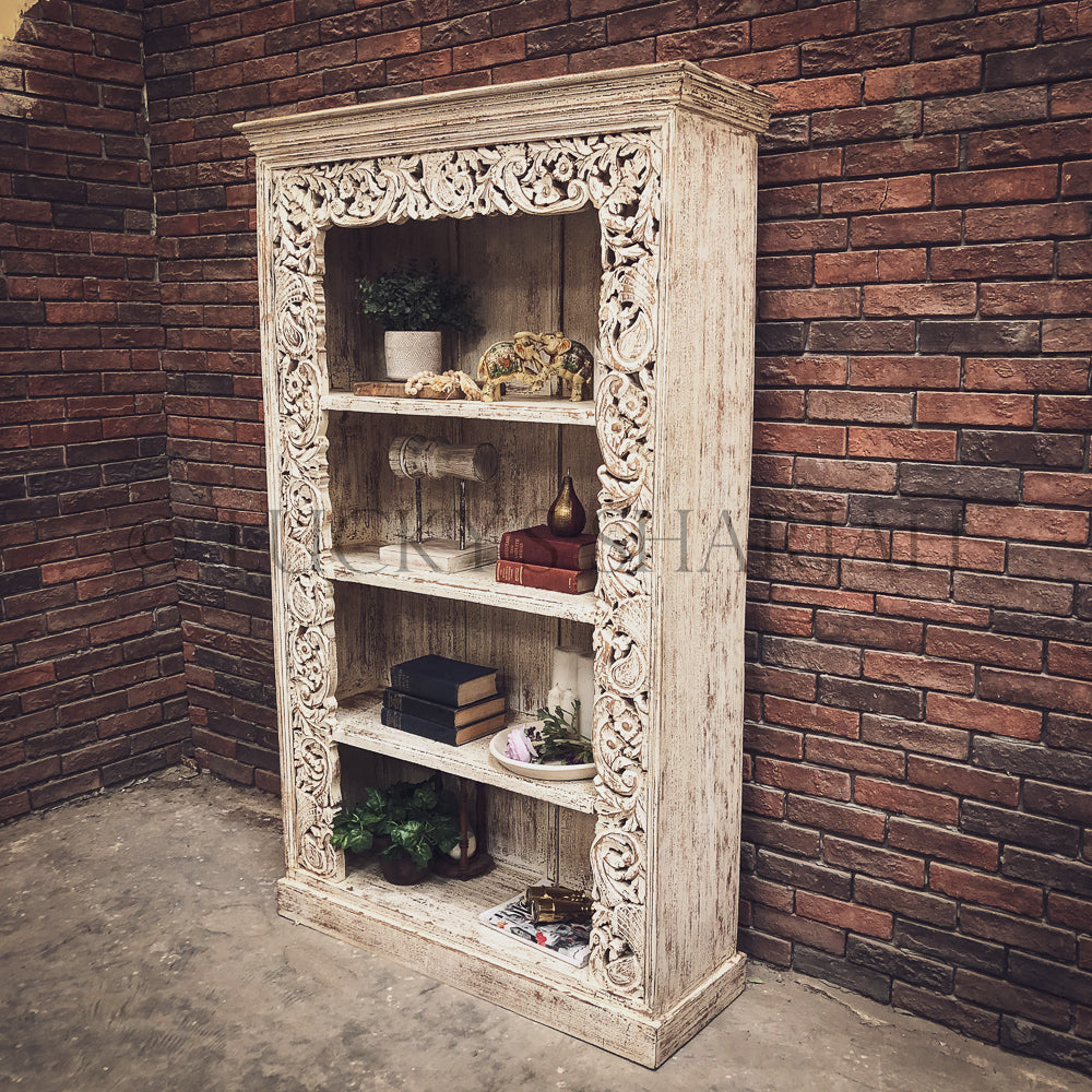 Heavy Carved Border Bookshelf WHITE | Lucky Furniture & Handicrafts.