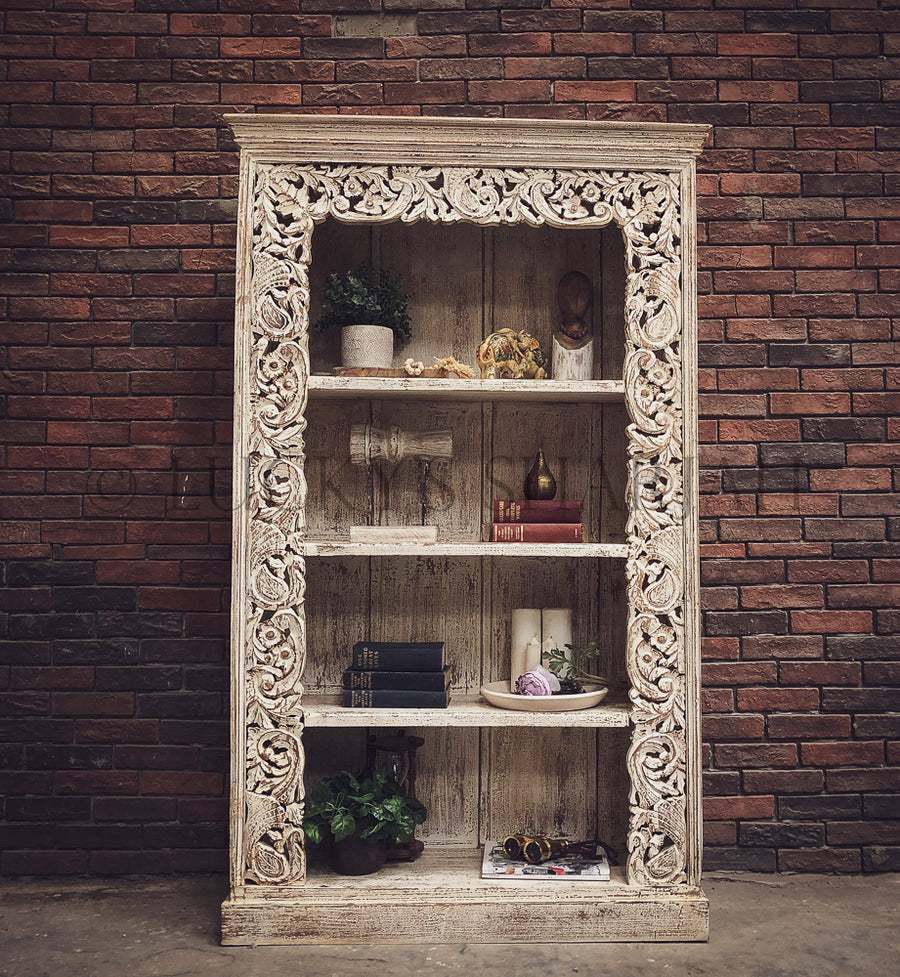 Heavy Carved Border Bookshelf WHITE | Lucky Furniture & Handicrafts.