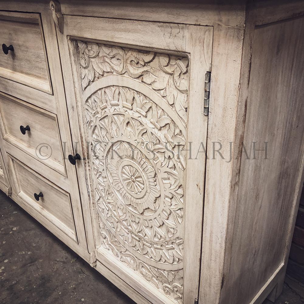 Carved 3 draw 2 door sideboard 2 tone | Lucky Furniture & Handicrafts.