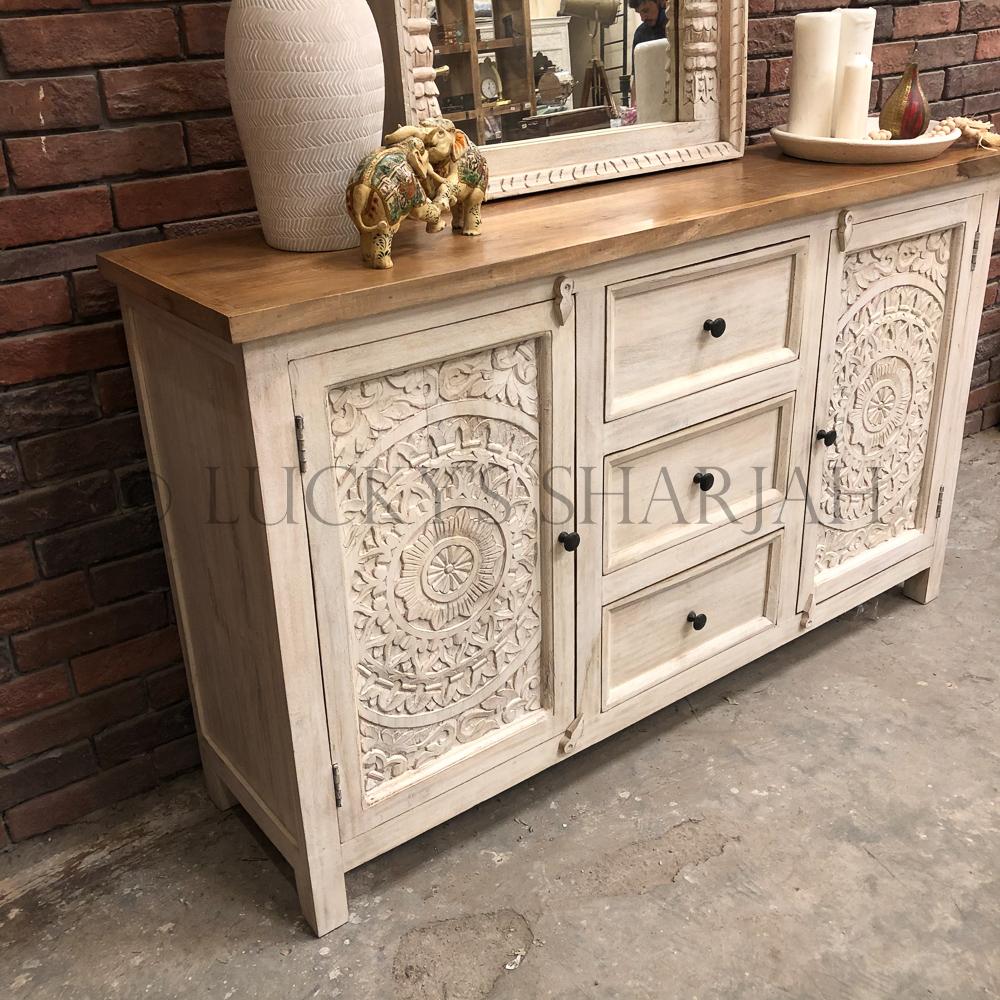 Carved 3 draw 2 door sideboard 2 tone | Lucky Furniture & Handicrafts.