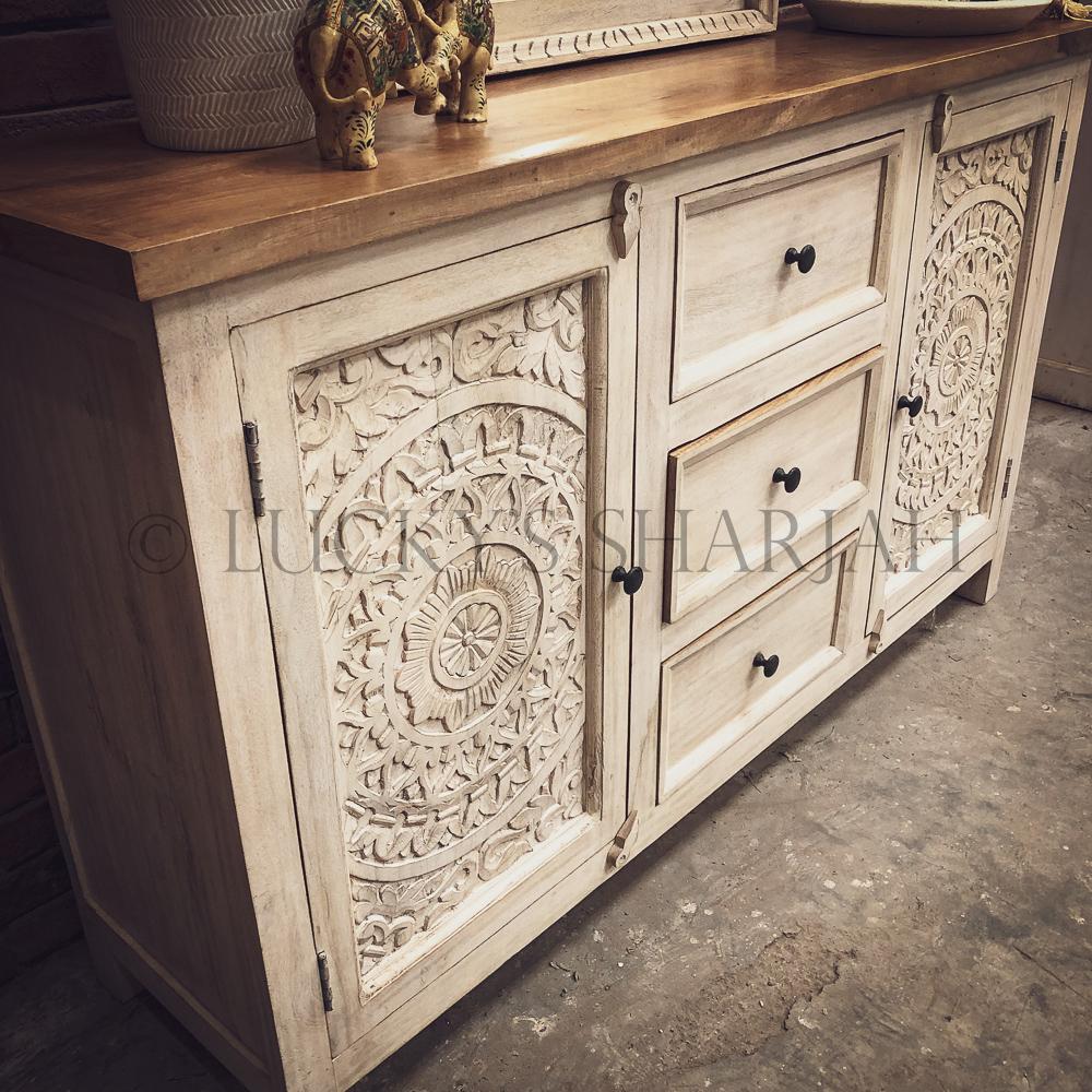 Carved 3 draw 2 door sideboard 2 tone | Lucky Furniture & Handicrafts.