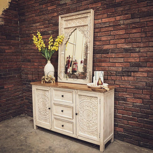 Carved 3 draw 2 door sideboard 2 tone | Lucky Furniture & Handicrafts.