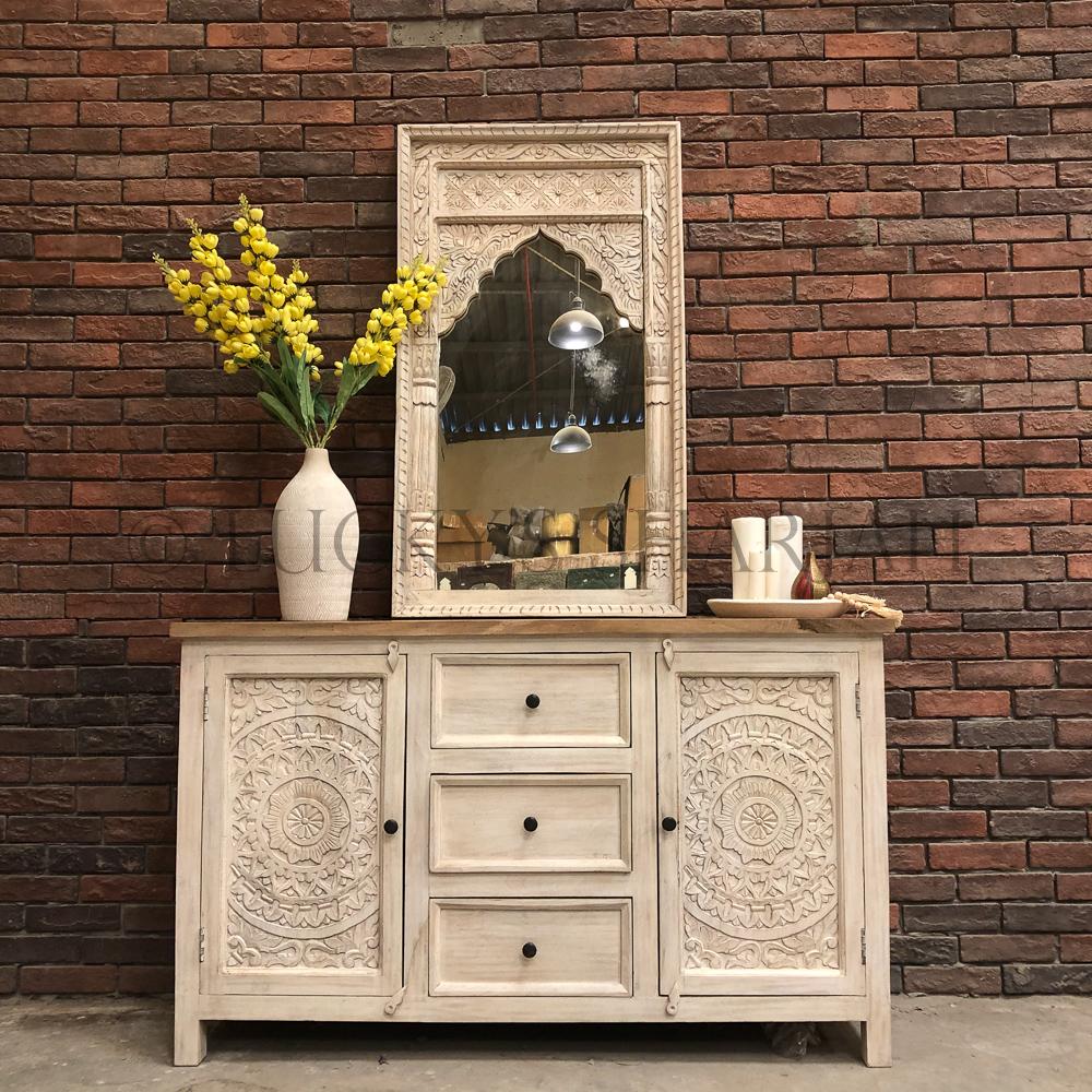 Carved 3 draw 2 door sideboard 2 tone | Lucky Furniture & Handicrafts.