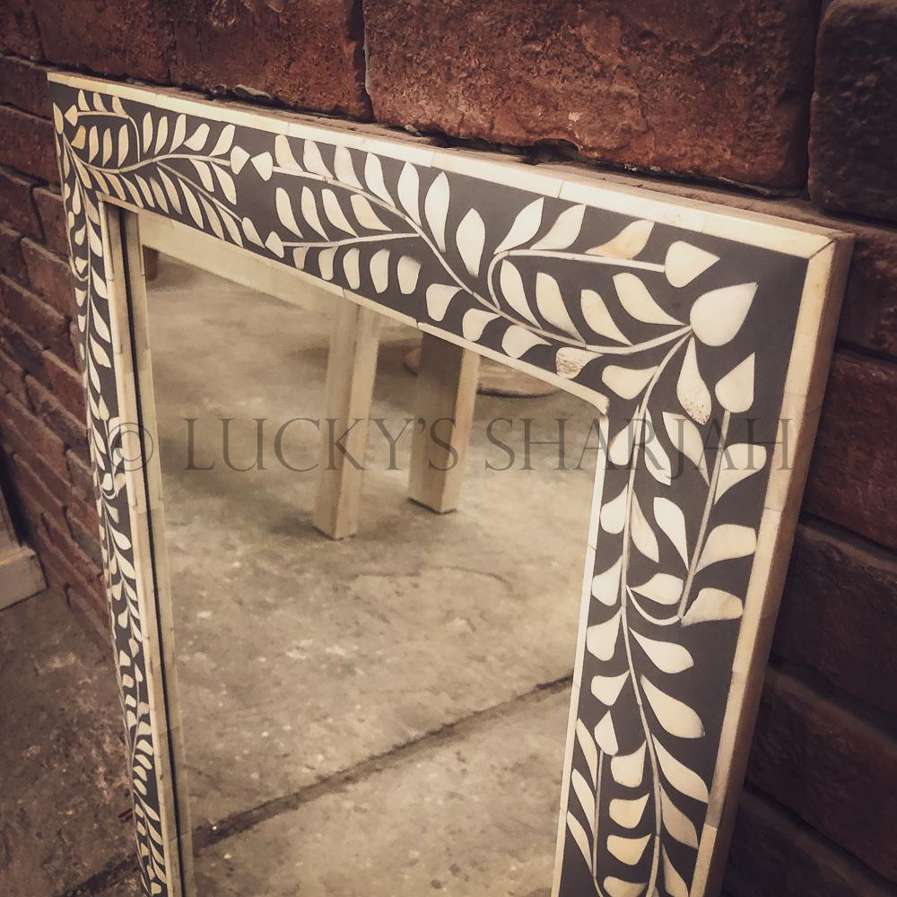 Bone Inlay Grey Floral Mirror Frame | Lucky Furniture & Handicrafts.