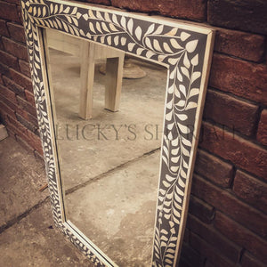 Bone Inlay Grey Floral Mirror Frame | Lucky Furniture & Handicrafts.