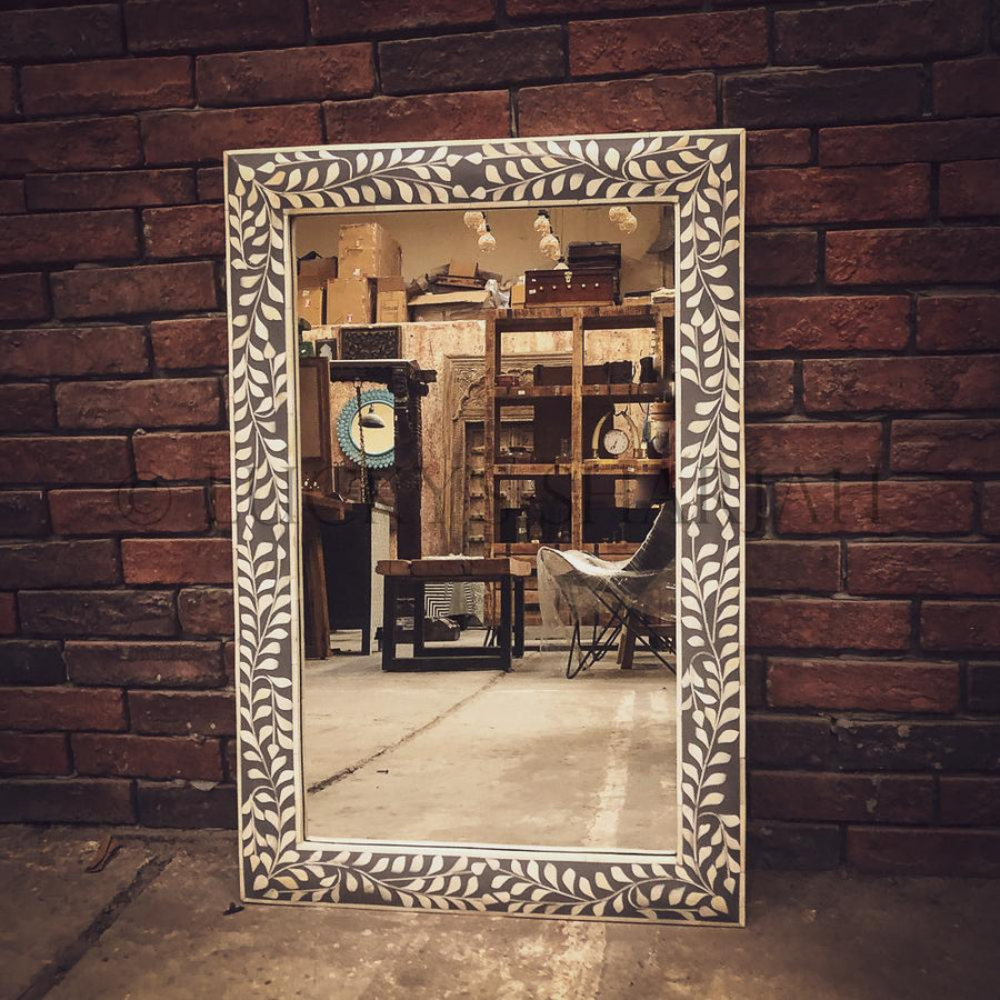 Bone Inlay Grey Floral Mirror Frame | Lucky Furniture & Handicrafts.