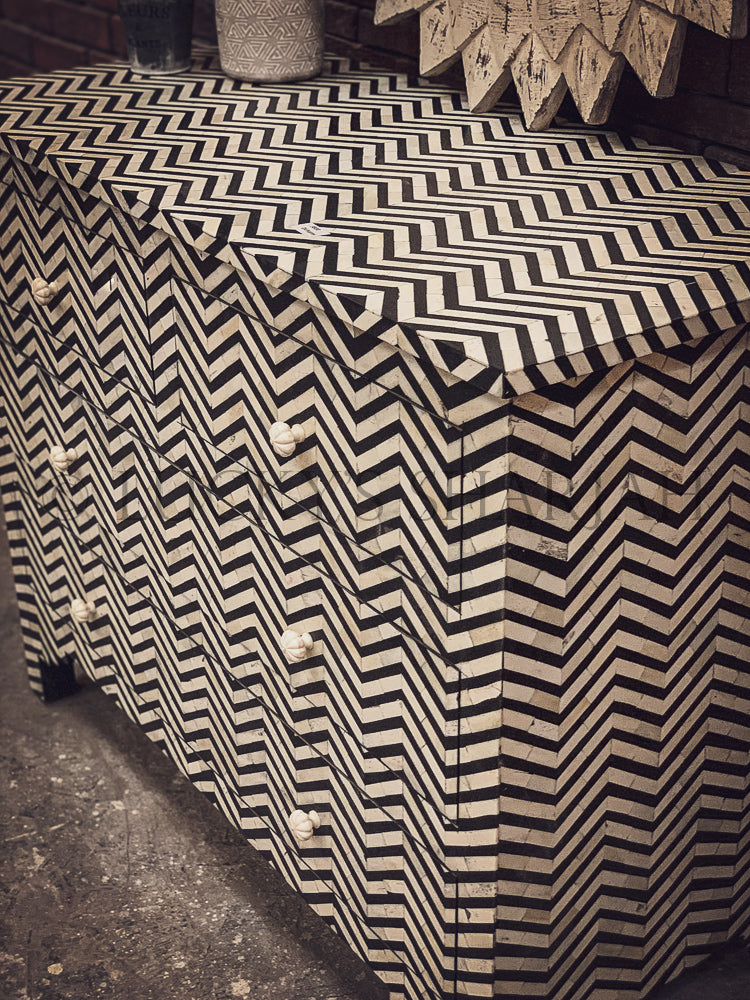 Graphic Stripes Bone Inlay Drawchest | Lucky Furniture & Handicrafts.
