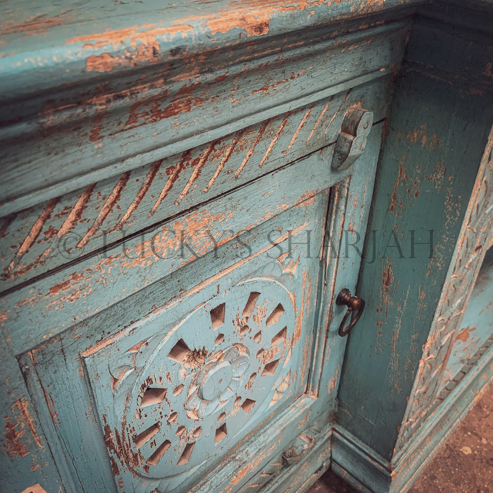 Sky blue carved tv stand | Lucky Furniture & Handicrafts.