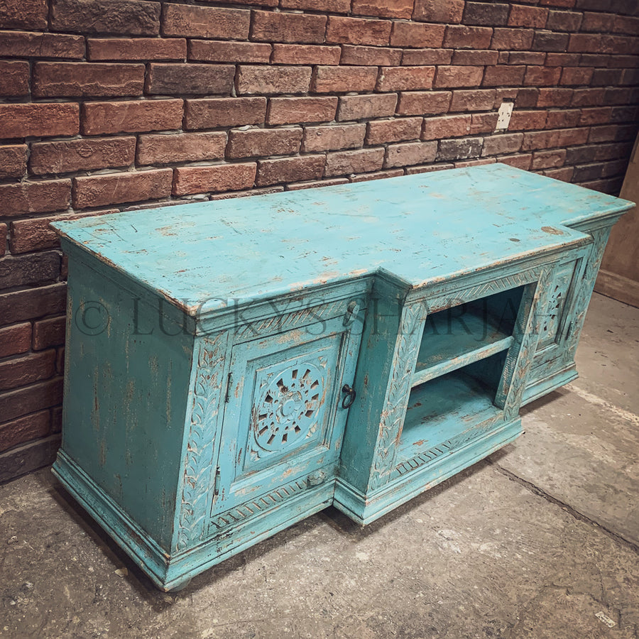 Sky blue carved tv stand | Lucky Furniture & Handicrafts.
