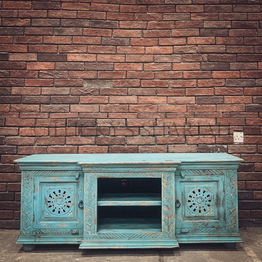 Sky blue carved tv stand | Lucky Furniture & Handicrafts.