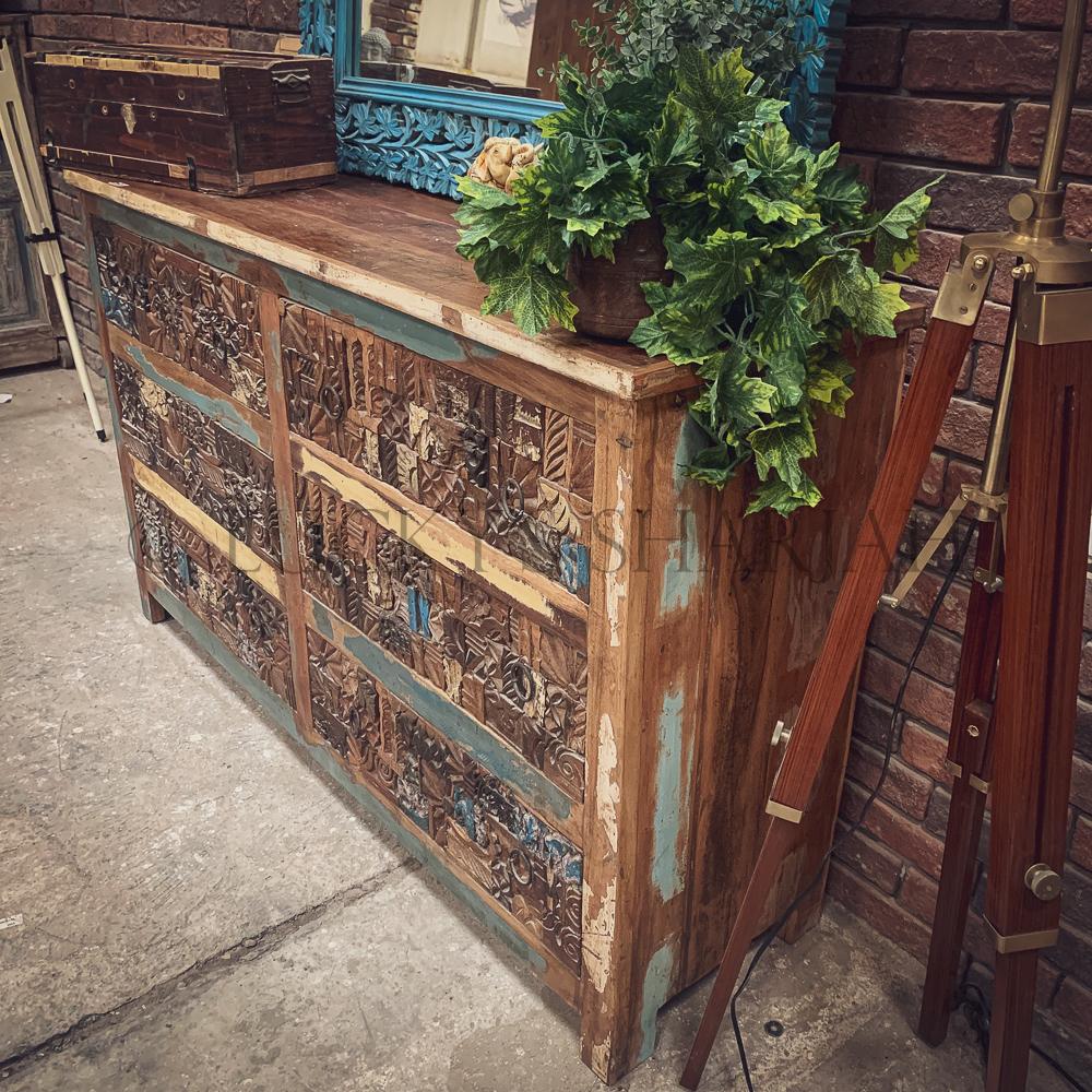 Carved pieces multi color drawchest | Lucky Furniture & Handicrafts.