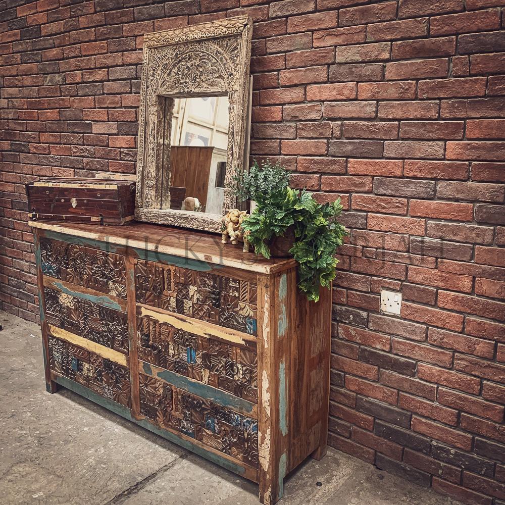 Carved pieces multi color drawchest | Lucky Furniture & Handicrafts.