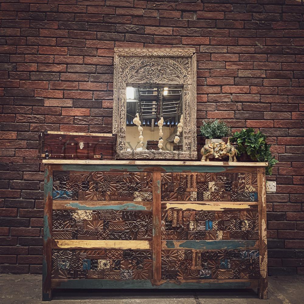Carved pieces multi color drawchest | Lucky Furniture & Handicrafts.