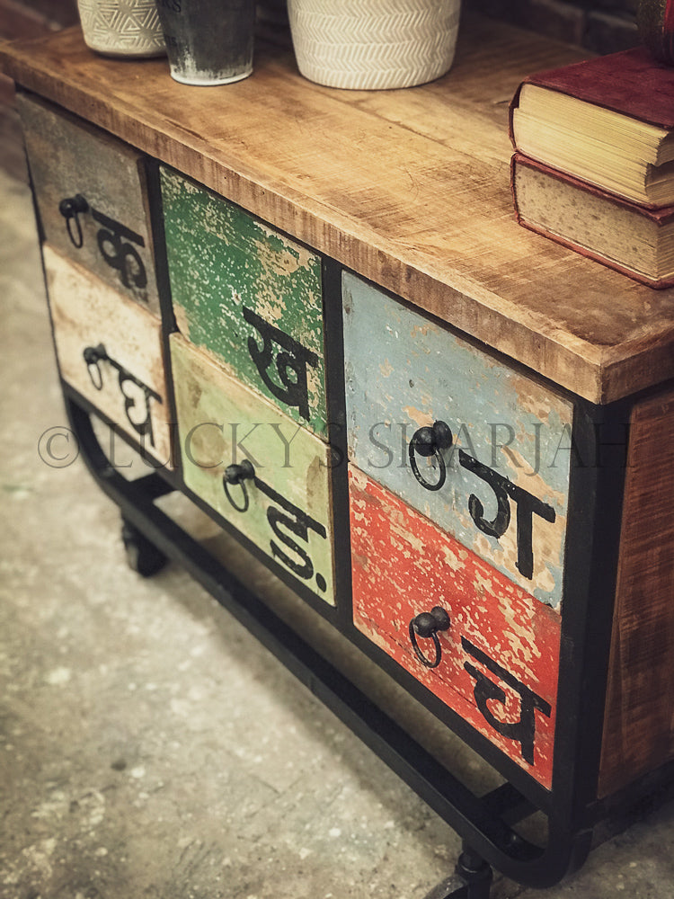 Multicolor low console industrial with wheel | Lucky Furniture & Handicrafts.