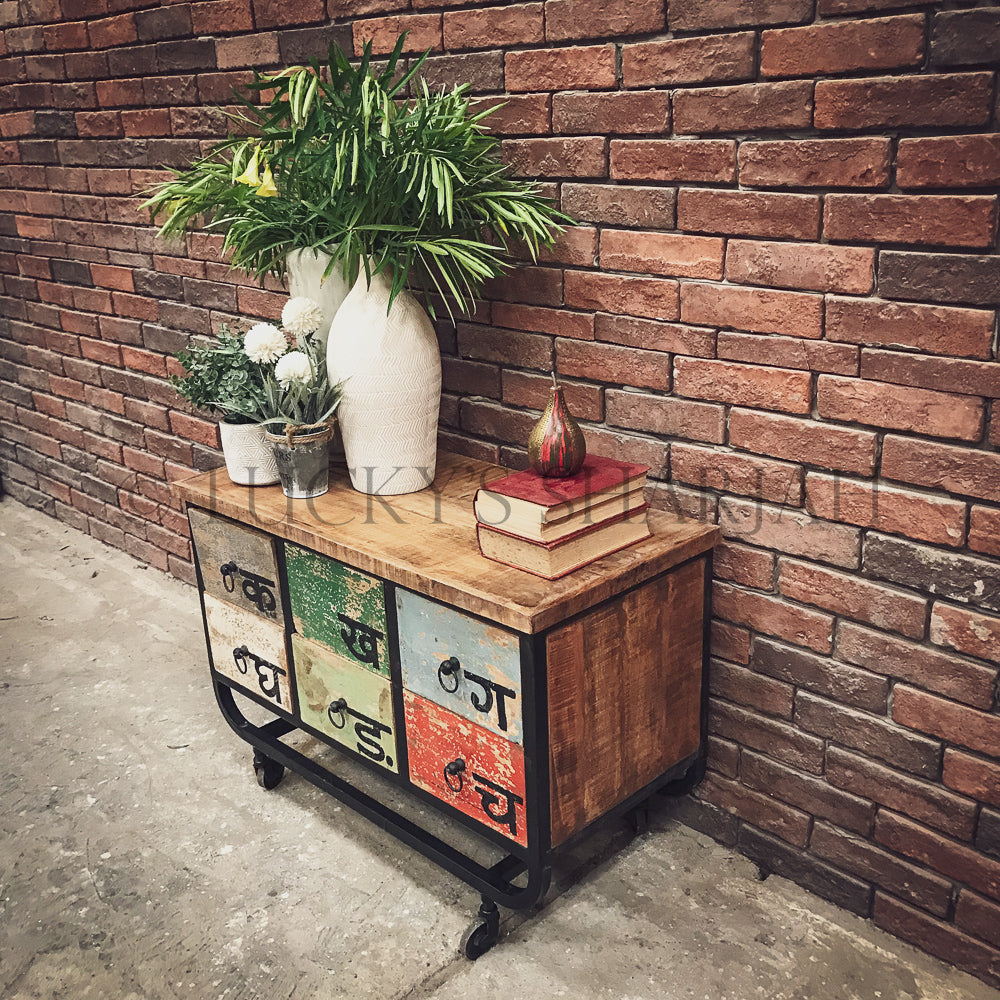 Multicolor low console industrial with wheel | Lucky Furniture & Handicrafts.