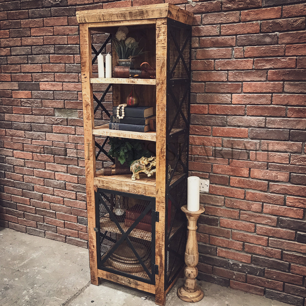 Narrow Barn Style bookshelf with fenced door style | Lucky Furniture & Handicrafts.