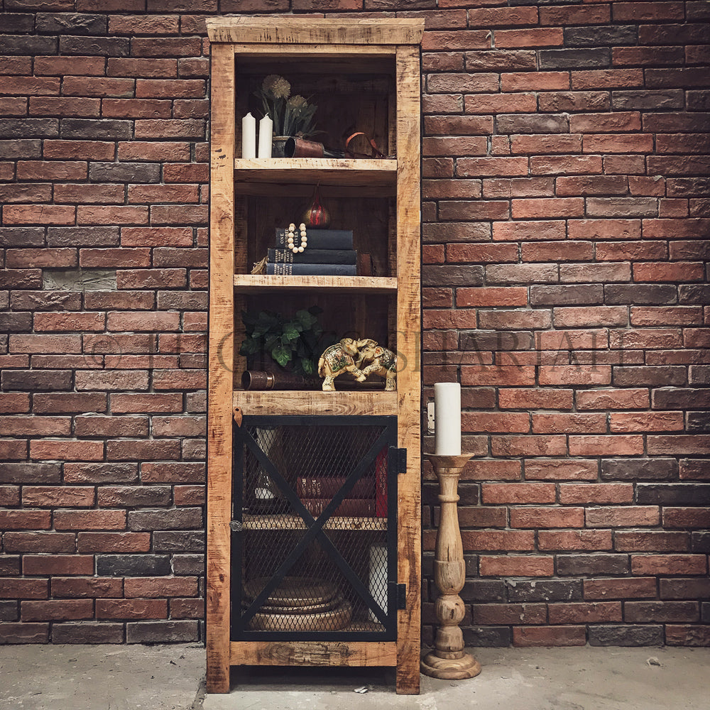 Narrow Barn Style bookshelf with fenced door style | Lucky Furniture & Handicrafts.