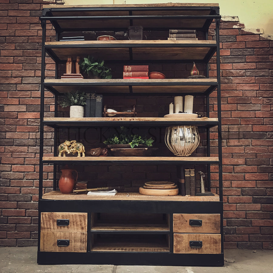 Industrial library bookshelf with 4 drawer | Lucky Furniture & Handicrafts.