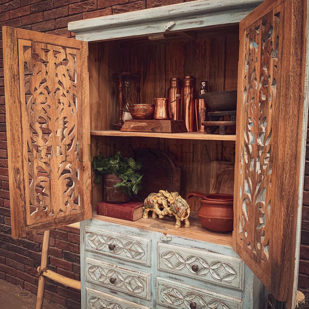 Carved sky blue cabinet with drawers | Lucky Furniture & Handicrafts.