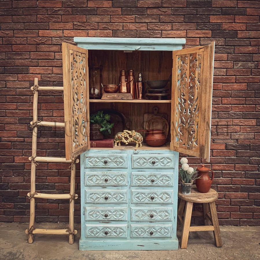 Carved sky blue cabinet with drawers | Lucky Furniture & Handicrafts.