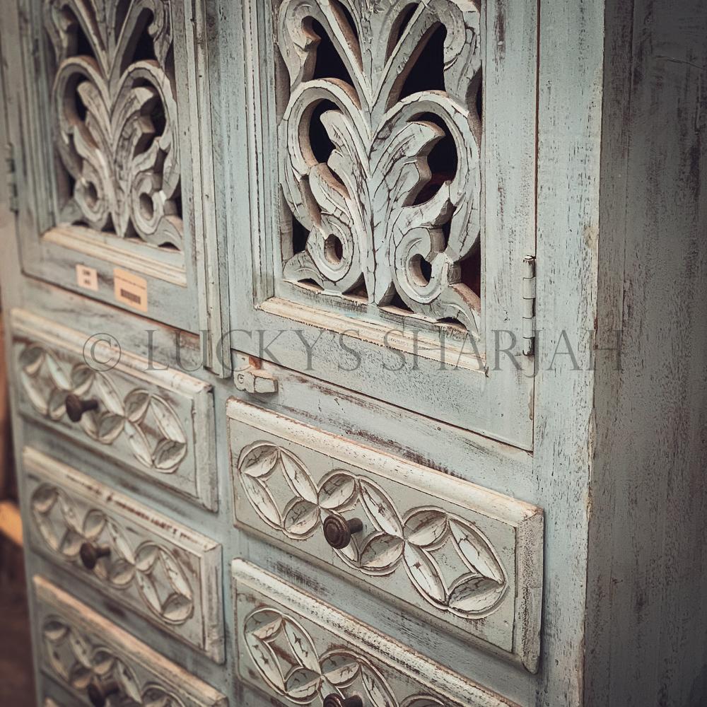 Carved sky blue cabinet with drawers | Lucky Furniture & Handicrafts.
